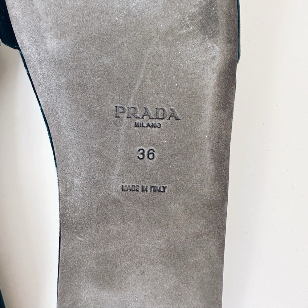 Prada Women’s Triangle Logo Dark Green Velvet Slide Sandals - Picture 12 of 13